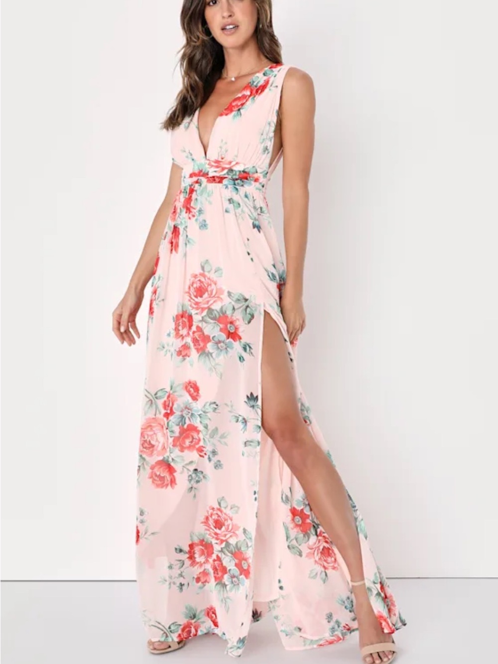 Lulu's Blush Peach Floral Maxi Dress with Green Leaf Accents